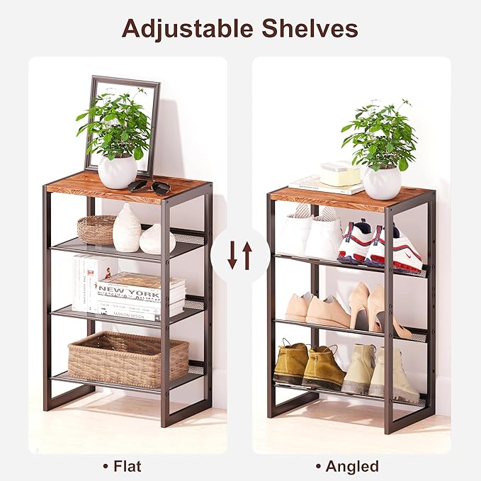 Narrow 4-Tier Shoe Rack, Slim Space-Saving Shelf with Decorative Wood Top & Steel Mesh, Entryway/Closet/Dorm Organizer, 16.5x11.8x27.9 Inches