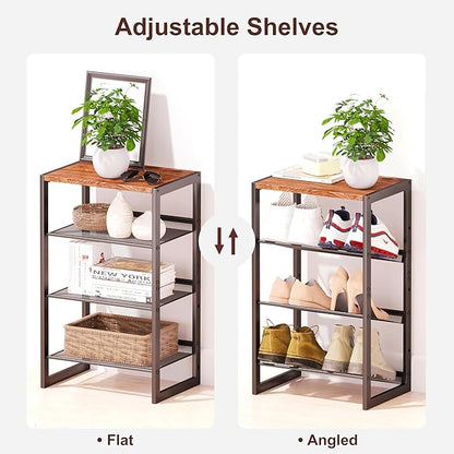 Narrow 4-Tier Shoe Rack, Slim Space-Saving Shelf with Decorative Wood Top & Steel Mesh, Entryway/Closet/Dorm Organizer, 16.5x11.8x27.9 Inches