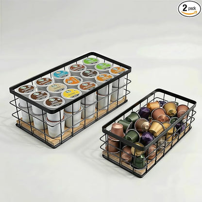 2-Pack Coffee Pod Holder Basket with Wood Base - Modern Rustic Coffee Pods Organizer for Coffee Station & Bar, High-Capacity Wire Capsule Storage for Kitchen Countertop Office