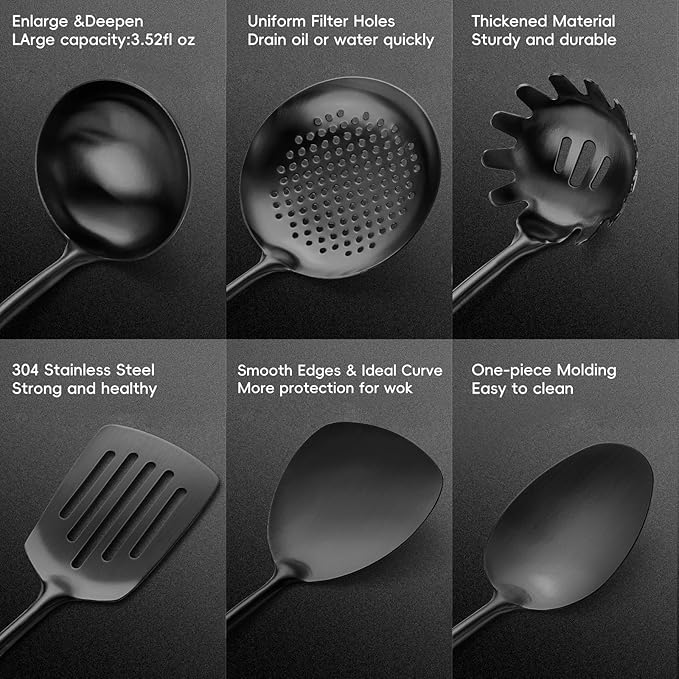 18/10 Stainless Steel Kitchen Utensils Set with Wood Handle Metal Cooking Utensils Set 10 Piece - Spatula, Spoon, Ladle, Skimmer, Slotted Turners, Pasta,Turner, Ladl, Fork