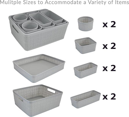 Simplify 10 Piece Organizing Set | Multiple Size Bins | Multipurpose | Office | Desk | Dorm | Bathroom | Storage Basket | Small Items | Accessories | Grey