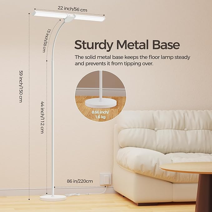 LED Floor Lamp for Living Room, Bright Reading Lamps for Office, Adjustable Colors Temperatures&Brightness, Dual Head Goose Neck Standing Lamp, Remote and Button Control, Eye-Caring Tall Lamp, White