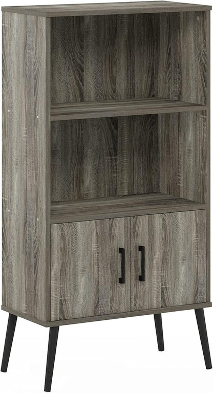 Furinno Claude Mid Century Style Accent Wooden Leg Bookcase Cabinet with Storage Organizer Shelves, French Oak Grey