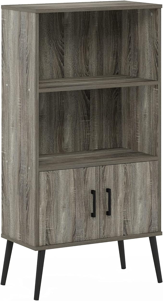 Furinno MIDCENTURY Storage Shelves, Storage Cabinet with Doors and Shelves, Bookshelf with Legs, for Living Room, Home Office, Grey Oak