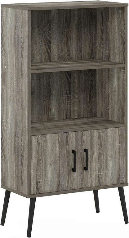 Furinno MIDCENTURY Storage Shelves, Storage Cabinet with Doors and Shelves, Bookshelf with Legs, for Living Room, Home Office, Grey Oak