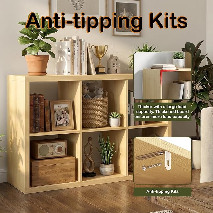 WannabeMyself【2026 Wooden Thick Frame】 6 Cube Storage Organizer with Anti-Tipping Kits, Reversible Open Back Book Shelf,Bookcase for Living Room,Bedroom,Entrance Hall,Office,11.6×36.3×24.6,Oak Color