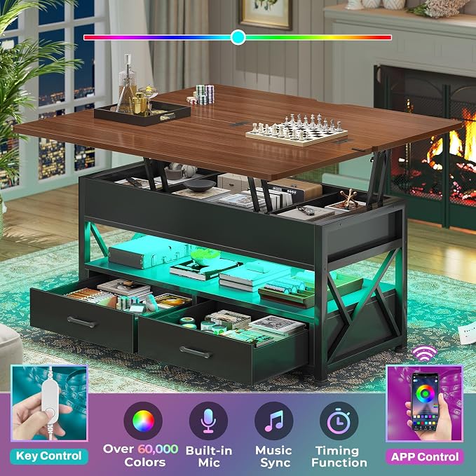 Itaar 40" Lift Top Coffee Table, 4 in 1 White Coffee Tables with Storage for Living Room, Small Coffee Table with 2 Drawers & LED Light for Dining Room, Black+Brown
