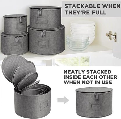 LotFancy China Storage Containers, Hard Shell, 4PCS Set, Dish Storage Box for Moving, Stackable Dinnerware Plate Organizer Bins with 48 Felt Dividers, Grey