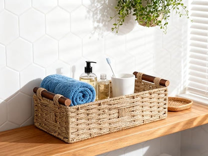 Toilet Tank Basket, Khaki Wicker Storage Basket with Wooden Handles, Handwoven Paper Rope Toilet Tank Organizer, Basket for Top of Toilet, Bathroom Countertop Baskets for Organizing
