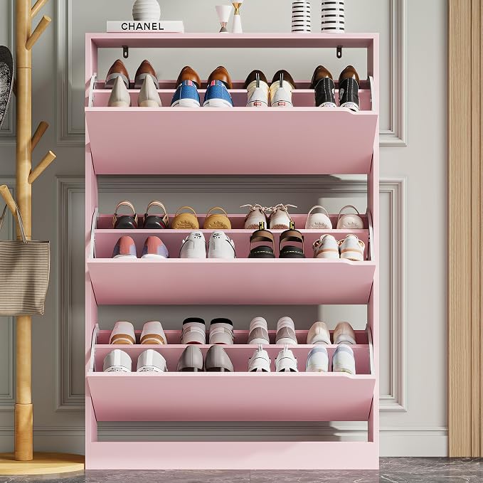 Xixini Shoe Storage Cabinet for Entryway with 3 Flip Drawers, Sturdy Wood Hidden Shoe Storage, Freestanding Narrow Slim Shoe Organizer for Front Door Entrance, Living Room, Hallway, Bedroom, Pink