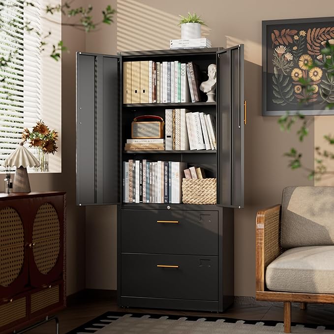 2 Drawer File Cabinet with Lock,Metal Filing Cabinet with Doors for Home Office School for Hanging Letter/Legal/F4/A4 Size Folders,Required Assembly,Black
