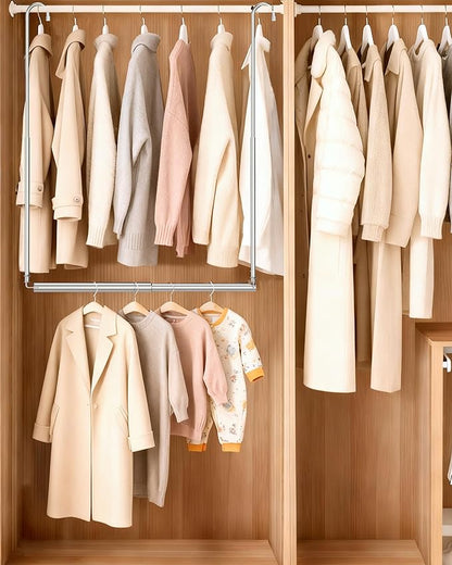 Hanging Closet Rod, Adjustable Height & Width Closet Rods for Hanging Clothes-Closet Extender Hanging Rod Space-Maximizing Design Suitable for Hanging and Drying Clothes, Silver
