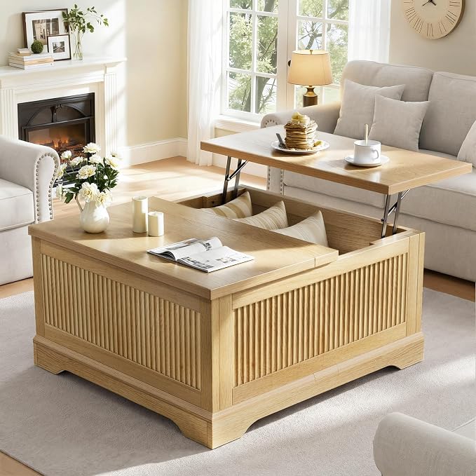 Memobarco Lift Top Coffee Table with Storage,Fluted Coffee Tables with Lifting Top,Modern Farmhouse Square Center Table for Living Room, Home Office, with Hidden Compartment, Flip-Up Lids, Natural Oak