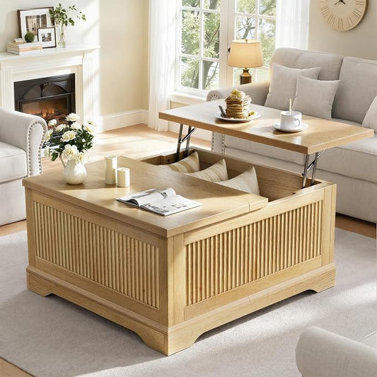 Memobarco Lift Top Coffee Table with Storage,Fluted Coffee Tables with Lifting Top,Modern Farmhouse Square Center Table for Living Room, Home Office, with Hidden Compartment, Flip-Up Lids, Natural Oak