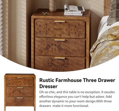 COZAYH Farmhouse Nightstand Set of 2 with 3 Drawer, Distressed Wood Rustic Accent Dresser, Burl Finish Bedside Table for Bedroom, Entryway, Fully Assembled, Brown