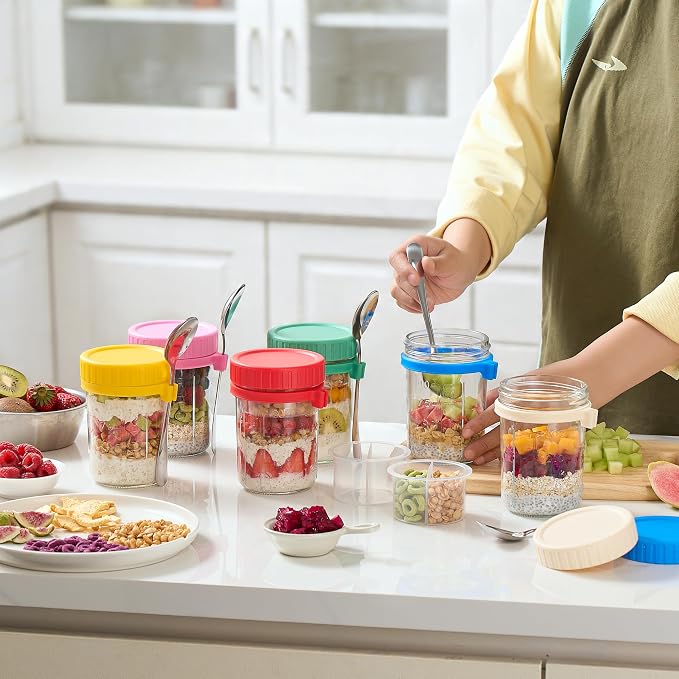 Danmu 16oz Overnight Oats Containers with Lids,Parfait Cups with lids Removable Dressing Cup & Spoon,Leak-Proof Parfait & Salad Jars for Breakfast,Office,Gym 6 Pack