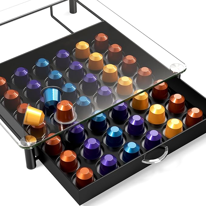 DecoBrothers Tempered Glass Coffee Pod Drawer Compatible with Nespresso Original Line, 42 Capsules