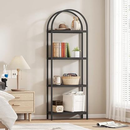 Yusong Bookshelf 4 Tier Arched Bookcase, 71.3" Tall Industrial Open Book Shelves for Living Room, Modern Freestanding Display Shelving Unit Storage Rack with Metal Frame, Office, Bedroom, Black
