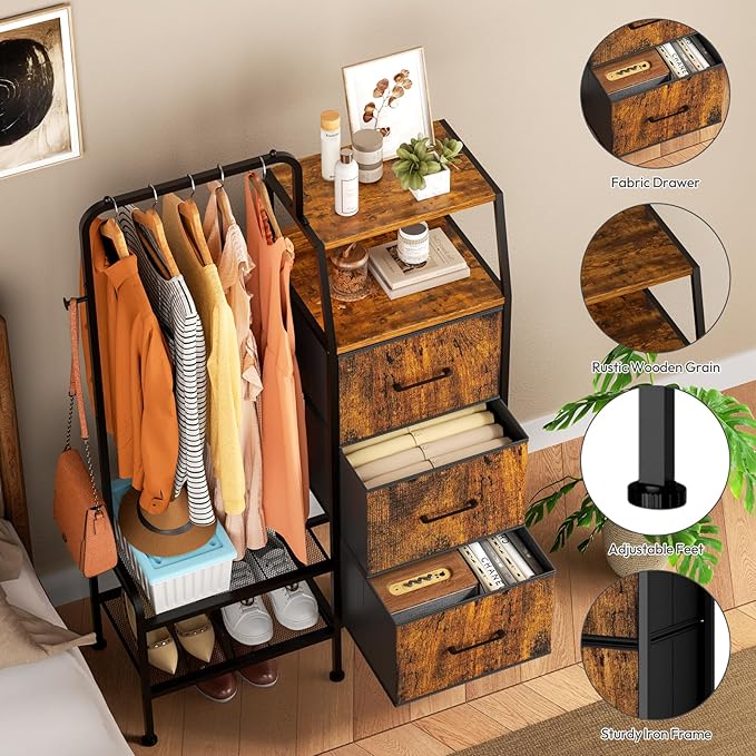 SWTYMIKI Dresser with Hanging Rack - 3 Fabric Drawers Kids Dresser for Bedroom - Reversible Tall Storage Tower, Small Space Clothes Storage Organizer Cabinet for Apartment, Dorm 49.21''H, Espresso