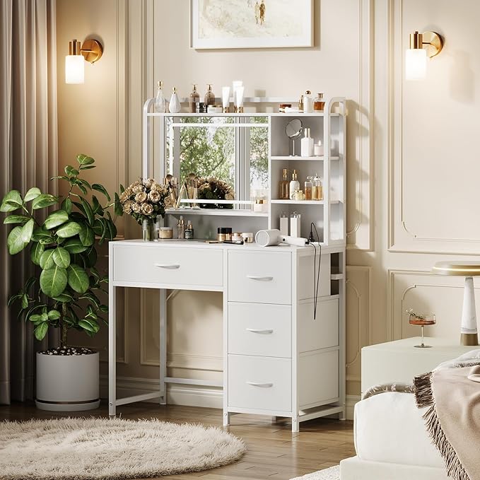 35.4" Vanity Desk with Square Mirror for Bedroom, Makeup Table with 4 Fabric Drawers & Storage Shelves, Modern Dressing Desk for Women Girls