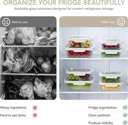 GENICOOOK Glass Fruit Storage Containers for Fridge with Glass Lids, 4 Pack Borosilicate Produce & Meal Prep Containers, Airtight BPA Free Fridge Organizer Containers
