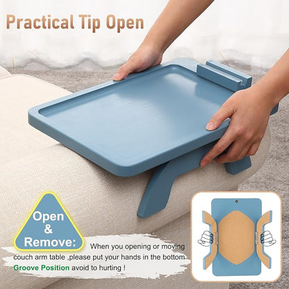SINWANT Couch Arm Tray, Bamboo Sofa Clip on Tray Tables with 360° Phone Holder,Folding Anti Slip Couch Armrest Table for Snacks,Drinks,Remotes 15.35"x9.85"