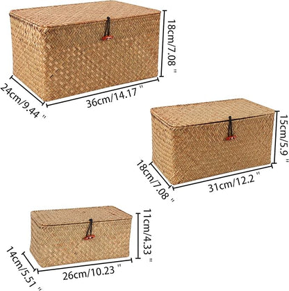 Wicker Shelf Baskets with Lid,Natural Seagrass Storage Basket Boxes Handwoven Rectangular Baskets Bins Multipurpose Home Organizer Decor (Large+Medium+Small)
