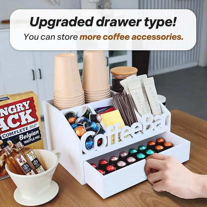 Coffee Bar Organizer for Countertop – Wooden Coffee Station with Drawer, Tea and K Cup Storage Condiment Rack, Coffee Pod Holder for Home and Office Organization (Drawer - White)