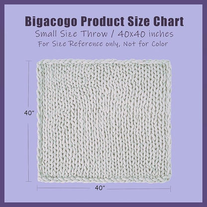 Bigacogo Chunky Knit Throw Blanket for Couch, 40x40 inches, 100% Hand Knitted with Thick Jumbo Chenille Yarn, Cozy Soft Large Rope Knot Cable Crochet Blankets for Sofa Bed Living Room, Light Grey