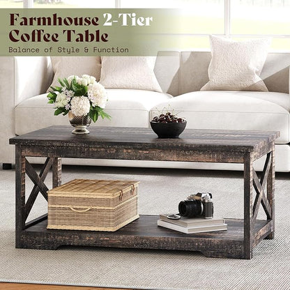 AMERLIFE 3-Piece Farmhouse Table Set Includes Coffee Table& Two End Tables, Side Table with Charging Station and USB Ports, for Living Room, Dark Oak