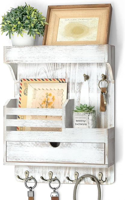 Rebee Vision Farmhouse Key Holder Wall Mount with Drawer Organizer – Pine Wooden Mail and Key Organizer for Wall with 6 Rustic Hooks & Floating Shelf – Chic Home Decor Accent (Whitewash)