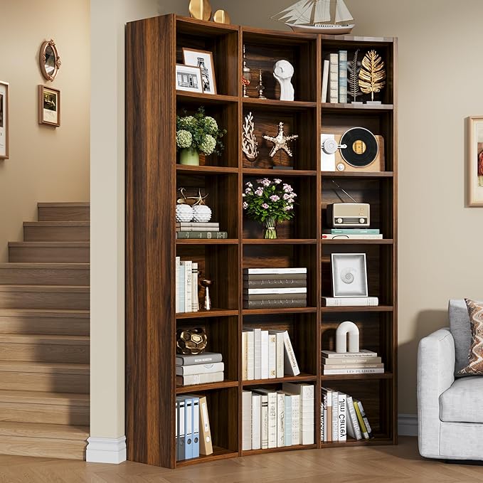 Semoic 71" Curved Bookshelf,Triple Width 6 Tier Bookcase with Storage Cabinet,Modern Tall Bookshelf with 18 Open Display Shelves, Floor Standing Book Shelf for Living Room,Brown