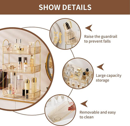 Akinbas 3 Tier Bathroom Organizer Countertop Makeup Perfume Tray Skincare Organizer for Bathroom Dresser Vanity (Gold)