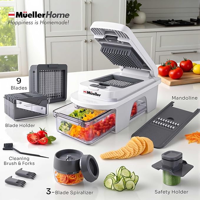 Mueller Pro-Series All-in-One, 12 Blade Mandoline Slicer for Kitchen, Food Chopper, Vegetable Slicer and Spiralizer, Cutter, Dicer, Grater, Kitchen Gadgets Sets with Container, White Sand/Gray