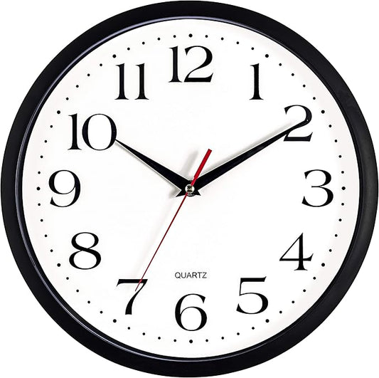 Bernhard Products Black Wall Clock Silent Non Ticking 12 Inch Quality Quartz Battery Operated Round Easy to Read Home/Office/Kitchen/Classroom/School Clocks