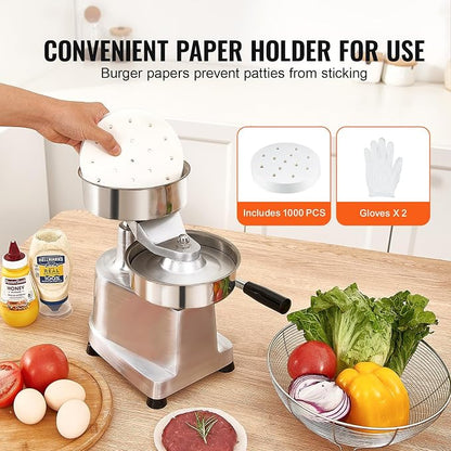 VEVOR Commercial Burger Patty Maker, 150mm/6inch Hamburger Beef Patty Maker, Heavy Duty Food-Grade Stainless Steel Bowl Burger Press Machine, Kitchen Meat Forming Processor with 1000 Pcs Patty Papers