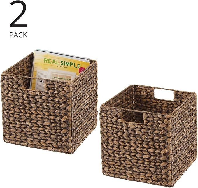 mDesign Natural Woven Hyacinth Cube Organizer Basket with Handles, Storage for Bathroom, Laundry Room Shelf or Nursery - Perfect for Cubby Storage Units - Hold Blankets and Books - 2 Pack, Brown Wash