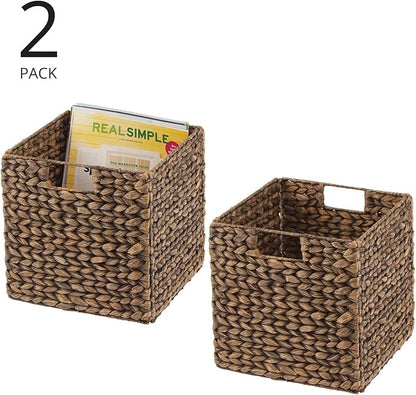 mDesign Natural Woven Hyacinth Cube Organizer Basket with Handles, Storage for Bathroom, Laundry Room Shelf or Nursery - Perfect for Cubby Storage Units - Hold Blankets and Books - 2 Pack, Brown Wash