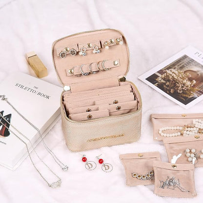 Angelina's Palace Snakeskin Pattern Jewelry Organizer Case Bridesmaid Gifts Travel Bag Vegan Leather Box for Necklace Earring Bracelet Ring(Champagne)