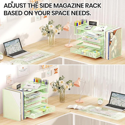 OPNICE Desk Organizer, 5-Tier Paper File Organizer with Drawer & Pen Holder, Office Desk Accessories, Workspace Desktop Organizer for Office Supplies(Green)