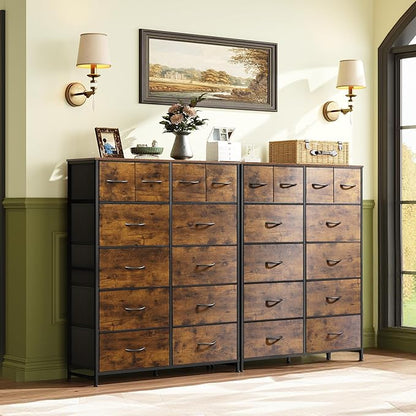 Tall Console Table with 12 Fabric Drawers, Tall Storage Organizer with Wood Top, Entryway Table with Storage, Steel Frame for Living Room, Hallway, Office, Rustic Brown