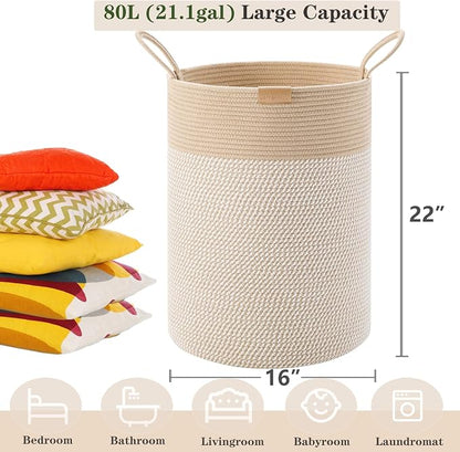 80L Extra Large Boho Laundry Hamper Basket, Tall Woven Hamper for Bedroom, Cotton Rope Laundry Basket for Clothes, 16x22 Inches, Brown