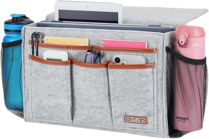 Zafit Bedside Caddy, Large Size Bedside Storage Organizer Bedside Organizer Caddy for Magazine Remotes Phone (13.4'' x 18.1'' Plus Size, Light Grey)