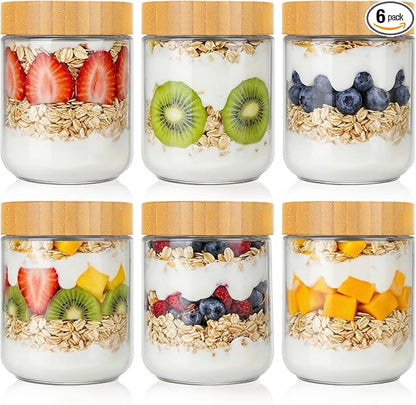 Moretoes 6 Pack Overnight Oats Containers with Lids, 16oz Glass Storage for Dry Food, Jars with Lids for Yogurt & Salad, Portable for Picnic & Lunch, Transparent Square Design for Kitchen Pantry Jars