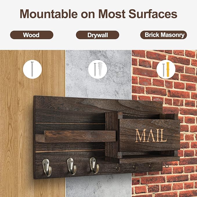 Mail Organizer for Wall Mount – Key Holder with Shelf Includes Letter Holder and Hooks for Hallway Farmhouse Decor – Rustic Wood with Flush Mounting Hardware (16.5” x 9.1” x 3.4”) (Brown)