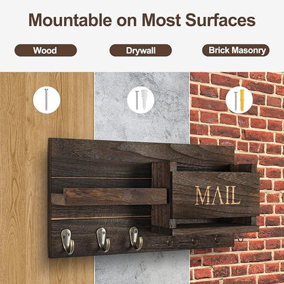 Mail Organizer for Wall Mount – Key Holder with Shelf Includes Letter Holder and Hooks for Hallway Farmhouse Decor – Rustic Wood with Flush Mounting Hardware (16.5” x 9.1” x 3.4”) (Brown)