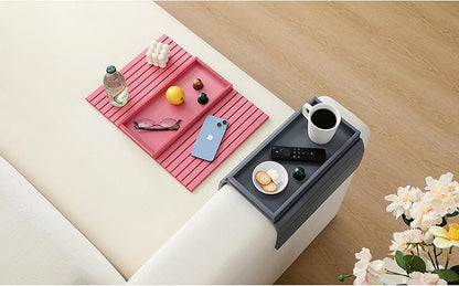 Bamboo Couch Arm Tray Table，Foldable Sofa Armrest Tray Table for Couch，Flexible and Anti-Slip Couch Arm Cup Holder，Portable Sofa Arm Chair Table for Drink,Cups, Eats，Snacks, Phone, Remote (Gray)