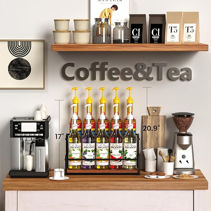 THYGIFTREE Coffee Syrup Rack Organizer 2-Tier 10 Syrup Bottles Holder Stand Metal with Wood Base for Coffee Bar Storage Shelves for Kitchen Countertop Matte Black
