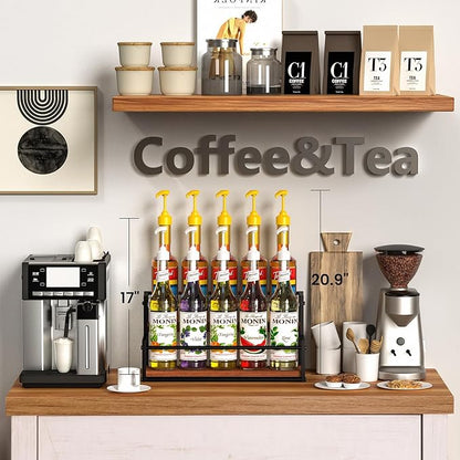 THYGIFTREE Coffee Syrup Rack Organizer 2-Tier 10 Syrup Bottles Holder Stand Metal with Wood Base for Coffee Bar Storage Shelves for Kitchen Countertop Matte Black