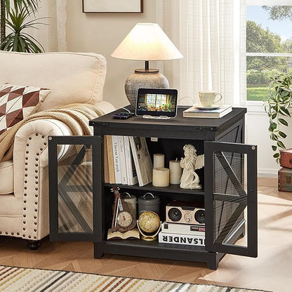 Farmhouse Coffee Table Sets 2 Pieces, Large End Side Tables with Charging Station and Coffee Table with Hidden Storage Compartment, Black Living Room Table Set, Wood Furniture Sets for Home Office